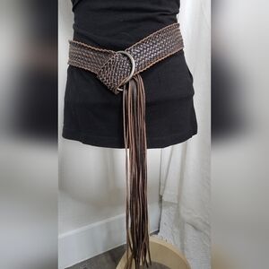Vintage Brown Leather Woven Belt With Fringe. Boho, Bohocowgirl